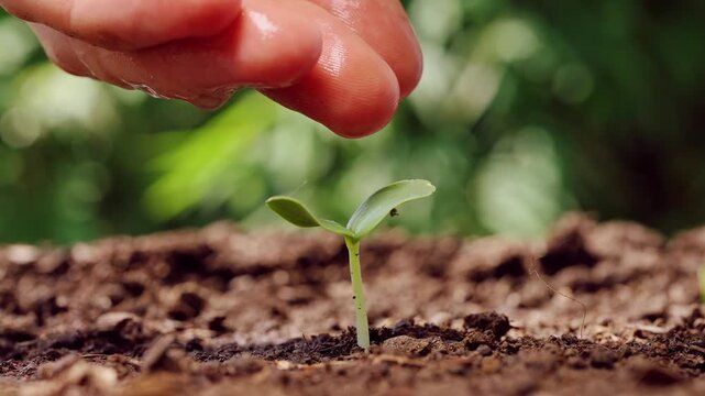 Slow Motion Macro View of Water Dripping from Fingers onto a Tiny Seedling in Moist Soil, Gentle Watering, Plant Care, New Life, and Sustainable Growth