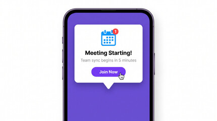 Obraz premium Meeting Starting! notification pop up template. Team sync business planning event reminder on smartphone screen interface mockup with join now button and blue calendar icon. Purple UI template mockup.