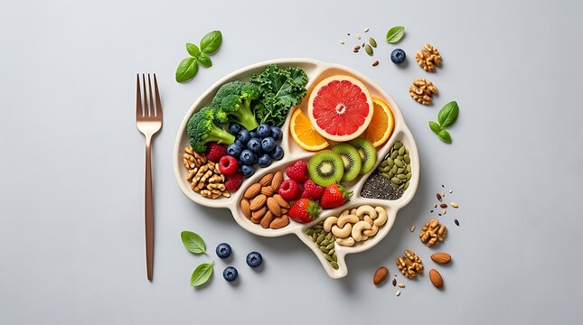Brain shaped plate with healthy food. Mental health diet for cognitive function and wellness.