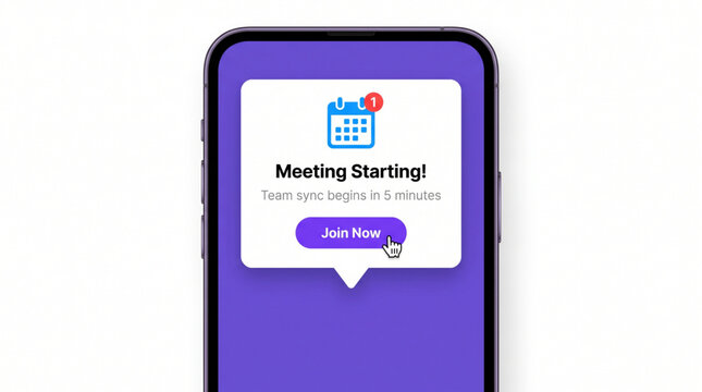 Meeting Starting! notification pop up template. Team sync business planning event reminder on smartphone screen interface mockup with join now button and blue calendar icon. Purple UI template mockup.