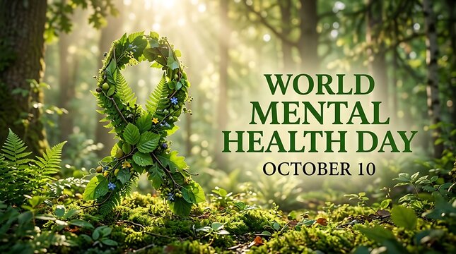 World Mental Health Day green ribbon. Nature awareness symbol for October 10th event.