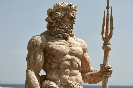 Majestic stone sculpture of mythical male deity holding trident under clear sky