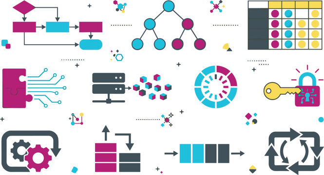 Data Structures and Software Algorithm Flat Design Icon Set Featuring Decision Flowcharts, Binary Trees, Database Clusters, and Cyber Security Cryptography Symbols