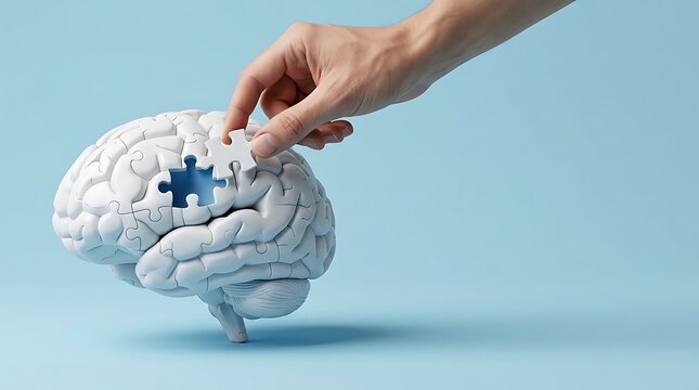 Hand placing puzzle piece into human brain model. Mental health and cognitive therapy concept.