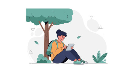 Obraz premium Young person with backpack studying on tablet under tree, flat design vector illustration, outdoor learning and nature concept.