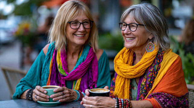 Two women in their fifties meeting for coffee for the first time after months of texting within a shared neighborhood walking group the hesitant warm laughter of adult friendship forming past the ag
