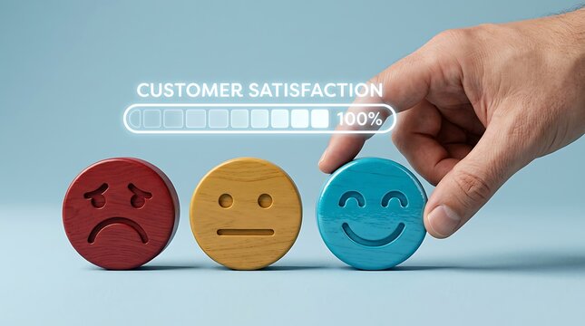 Hand selecting happy face icon for customer satisfaction. Rating service with positive feedback.