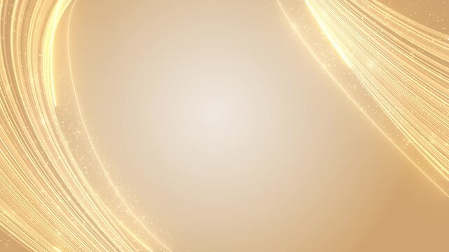 Elegant gold ribbon motion visual with bright curved light trails, delicate sparkle particles, and warm empty center. Perfect for luxury promos, invitation videos, event titles, and overlays.