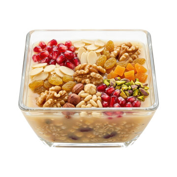 Healthy turkish ashure pudding with mixed nuts and dried fruits topping