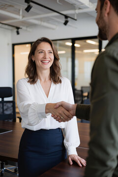Smiling woman in white blouse shaking hands across table with unseen man in modern office setting.