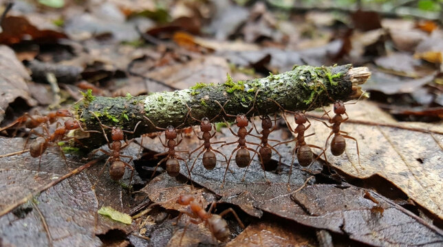 Group of red ants carrying a mossy twig in the forest