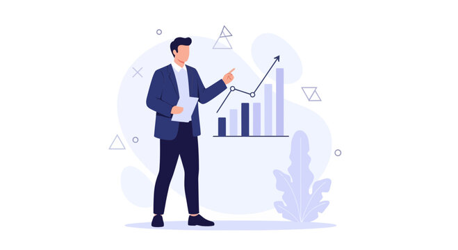 Businessman presenting financial growth chart, data analysis, business success, strategy, and planning