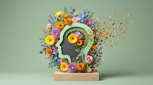 Mental health concept with floral head silhouette. Psychology growth and wellness art.
