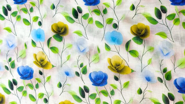 Floral pattern fabric texture. Decorative textile print with blue and yellow flowers.