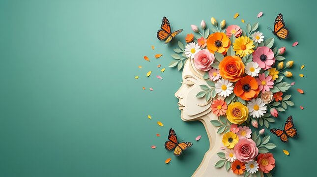 Papercraft woman head with flowers. Mental health concept with floral butterfly art.