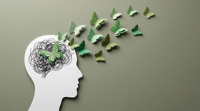 Paper butterflies flying from human head. Mental health concept for psychological healing.