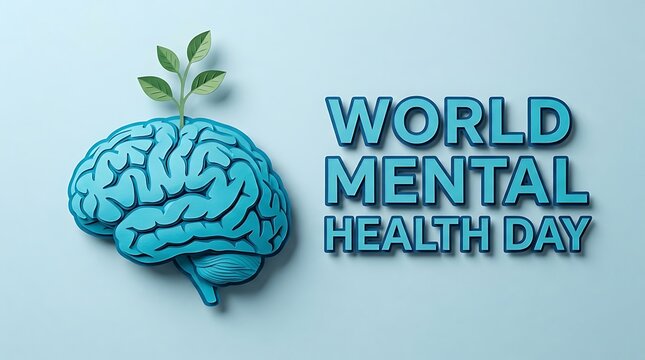 World Mental Health Day papercraft brain. Blue anatomical model with green leaves growing.