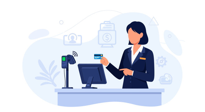 Cashier processing contactless credit card payment at POS terminal in retail store, illustration