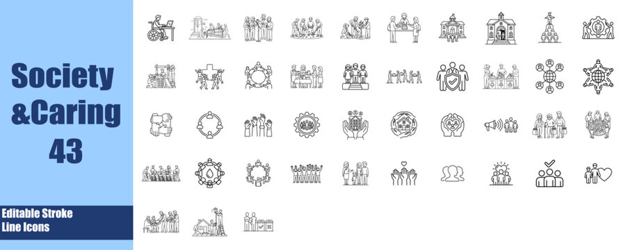 Society and caring line icons, set of 43 editable stroke vector symbols, community and social welfare outline signs for non-profit organizations