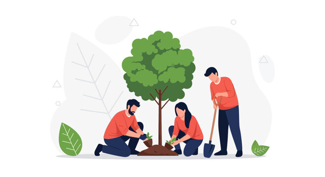 Community planting a tree for environmental conservation, a symbol of growth and teamwork.