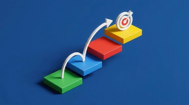 Curved line arrow jumping on colorful stair blocks toward a target icon on a blue background.