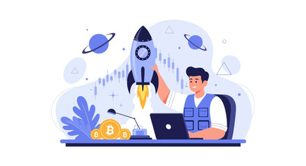 Obraz premium Cryptocurrency Trader Launches Bitcoin Rocket to Space, Symbolizing Investment Growth and Financial Success
