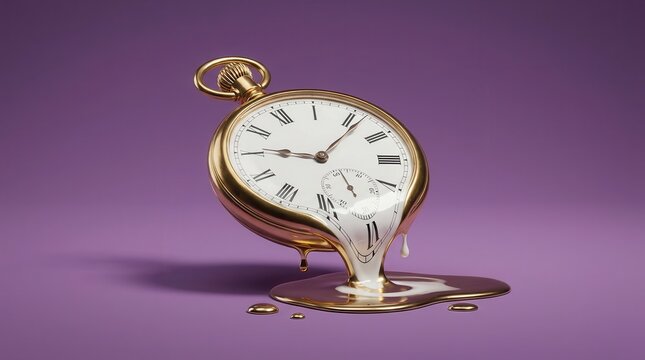 Surreal melting clock with Roman numerals on a solid purple background.