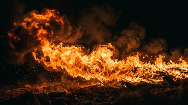 A horizontal stream of intense orange flames rolling across a black background with smoke.