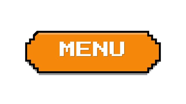 Retro pixel art orange menu button with white text.