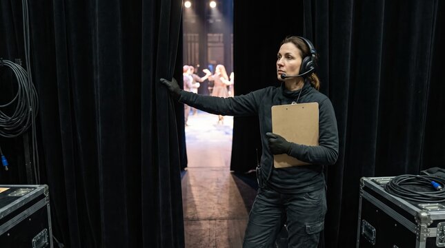 Stage manager holding curtain backstage with headset and clipboard