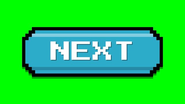 Pixelated blue next button with white text on a green screen background.