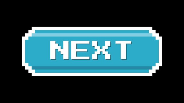 Pixelated blue button with the word NEXT in white text.
