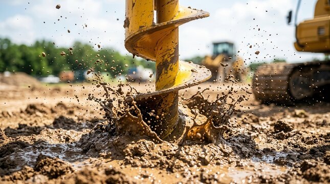 A yellow drill bit sprays thick mud during outdoor excavation.