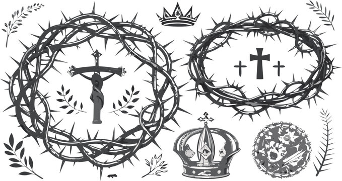 Christian Crown of Thorns Vector Set with Holy Cross Crucifix Easter Symbols and Royal Crowns for Church Religious Graphic Designs
