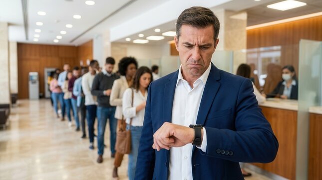 An impatient businessman checking his watch while standing in a long bank queue.