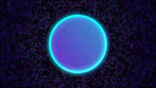 Neon circular orb visual with cyan rim, purple surface glow, and dotted particle field on dark space. Perfect for animated logos, tech promos, music screens, and digital overlays.