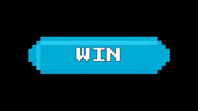 Retro Pixel Art Blue Button with WIN Text.