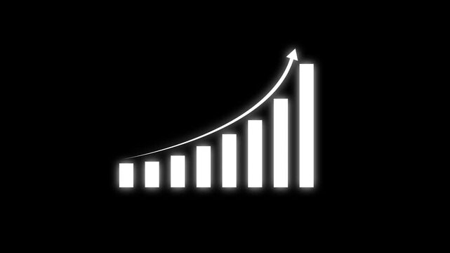 Animated glowing white bar chart with rising trend arrow symbolizing financial growth, business success, market expansion, and positive economic performance on a clean minimalist black background