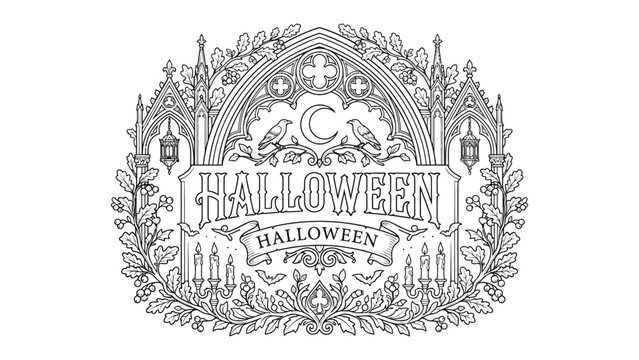Gothic Halloween Design: An ornate, gothic-inspired emblem featuring the word Halloween prominently displayed, surrounded by spooky motifs like bats, candles, and a crescent moon.