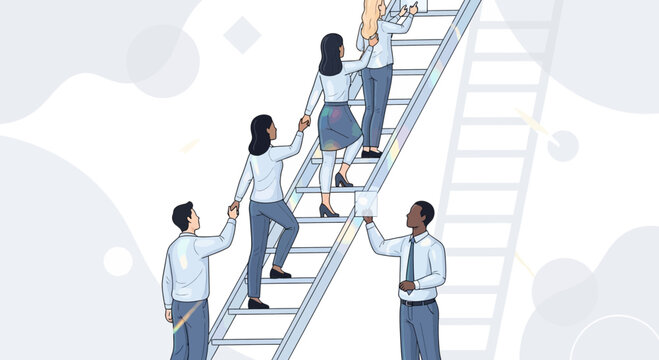 Diverse Team Ascends Ladder Together, Symbolizing Collaboration, Growth, and Success in Business