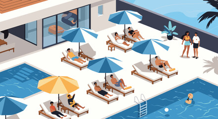 Fototapeta premium Luxury hotel resort with tourists sunbathing on lounge chairs around a pristine swimming pool under umbrellas.