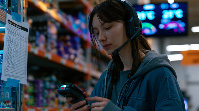 Dark store night manager auditing shelf replenishment accuracy using a voice-pick headset and a handheld scanner, order error report printed and taped to a shelving unit, cold aisle temperatures vis