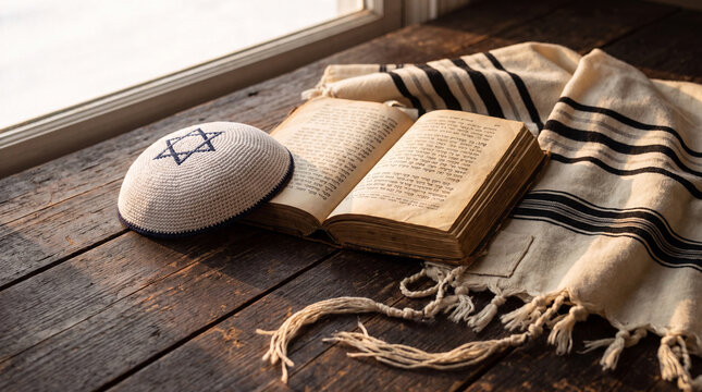 A traditional Jewish prayer shawl (Tallit), a kippah with a Star of David, and an open Hebrew prayer book resting on a rustic wooden table by a window.
