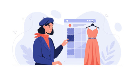 Fototapeta premium Fashion Designer Chooses Fabric Swatch and Coral Dress Online for a Stylish Look