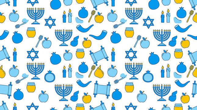 A seamless pattern featuring colorful Jewish symbols including menorahs, Stars of David, pomegranates, apples, honey, candles, and shofars on white background.
