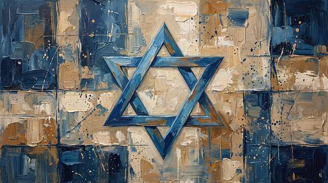 A textured oil painting featuring a blue Star of David, symbolizing Jewish identity and heritage, rendered with artistic brushstrokes on a beige and blue background.