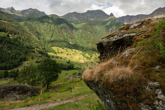 Guttannen, Switzerland. Panoramic alpine valley with moss-covered rock and rugged mountain peaks in the Bernese Oberland
