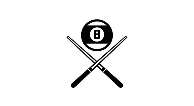 A black and white icon of crossed cues and a numbered ball