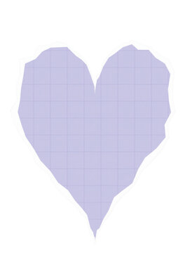 Heart shaped piece of soft lavender grid paper with torn edges isolated on transparent background