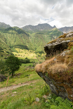 Guttannen, Switzerland. Moss-covered rock overlooking alpine valley and rugged mountain peaks in the Bernese Oberland